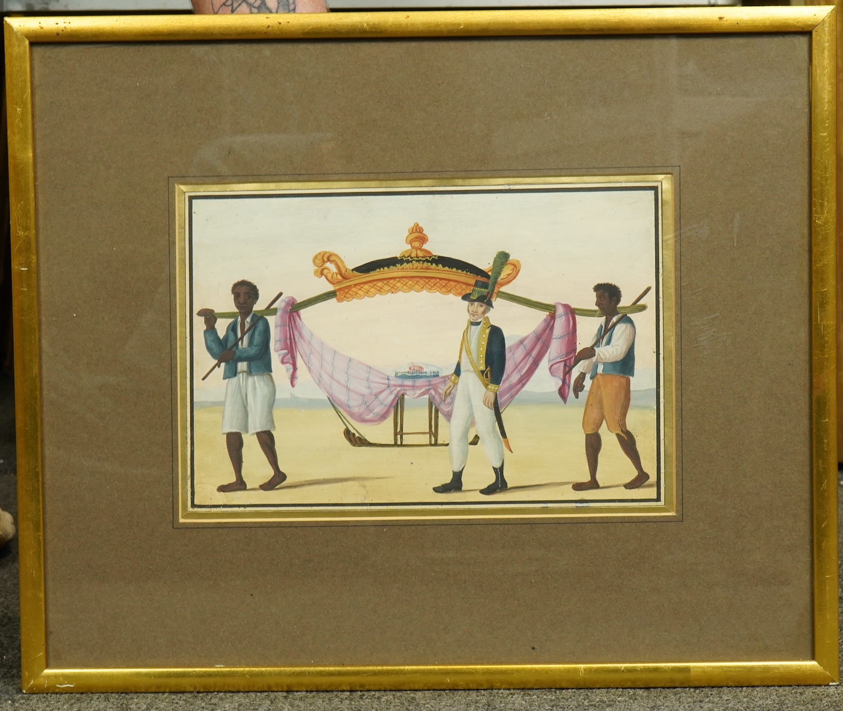 19th century Portuguese School , European officer and two bearers with a palanquin holding a dessert, gouache, 16.5 x 24.5cm